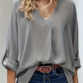 Tucked Rollable Sleeve Blouse, Casual V Neck Simple Blouse, Women's Clothing