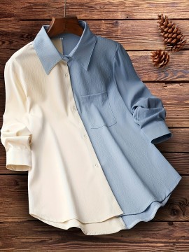 Colorblock Polo Collar Button Shirt, Casual Long Sleeve Shirt For Spring & Fall, Women's Clothing