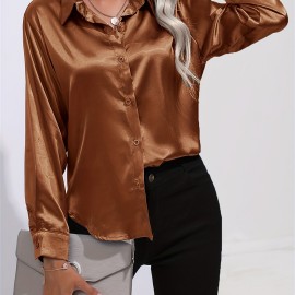 Solid Smoothly Shirt, Elegant Button Front Turn Down Collar Long Sleeve Shirt, Women's Clothing