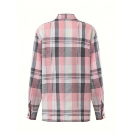 Plaid Print Simple Shirt, Casual Button Front Long Sleeve Shirt, Women's Clothing