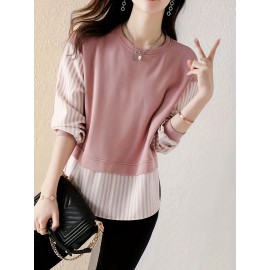 Contrast Striped Crew Neck Blouse, Elegant Long Sleeve Split Side Blouse For Spring & Fall, Women's Clothing