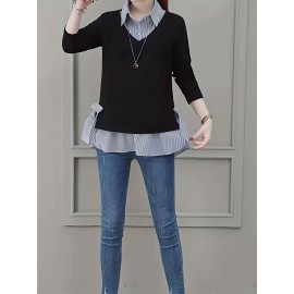 Striped Print Faux Twinset Blouse, Casual Long Sleeve Knot Hem Blouse For Spring & Fall, Women's Clothing