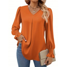 Solid V Neck Simple Blouse, Elegant Long Sleeve Ruched Blouse, Women's Clothing