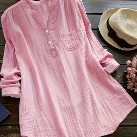 Solid Button Front Blouse, Casual V Neck Long Sleeve Blouse, Women's Clothing