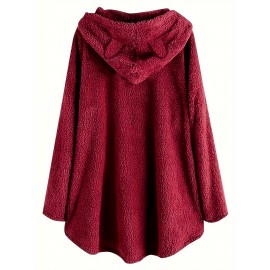 Cat Face & Letter Print Ear Decor Hoodie, Cute Kangaroo Pocket Asymmetrical Hoodies Sweatshirt, Women's Clothing