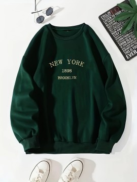 New York Brooklyn Print Loose Sweatshirt, Casual Long Sleeve Crew Neck Sweatshirt, Women's Clothing