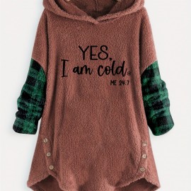 Letter Print Fleece Loose Hoodie, Casual Button Long Sleeve Warm Sweatshirt, Women's Clothing