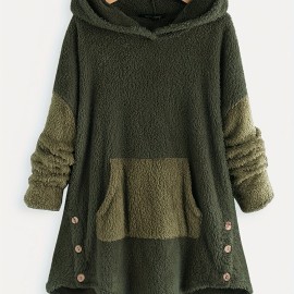 Color Block Kangaroo Pocket Hoodie, Long Sleeve Thermal Hoodies Sweatshirt, Women's Clothing