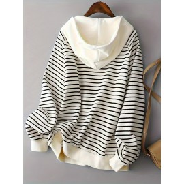 Striped Zip Up Hoodie, Casual Long Sleeve Drawstring Hoodies Sweatshirt, Women's Clothing