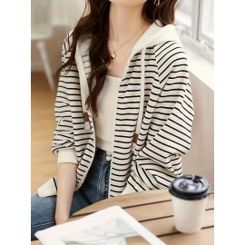 Striped Zip Up Hoodie, Casual Long Sleeve Drawstring Hoodies Sweatshirt, Women's Clothing