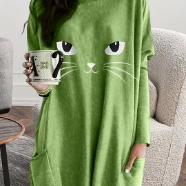 Cat Print Crew Neck Baggy Dress, Casual Long Sleeve Pocket Dress For Spring & Fall, Women's Clothing