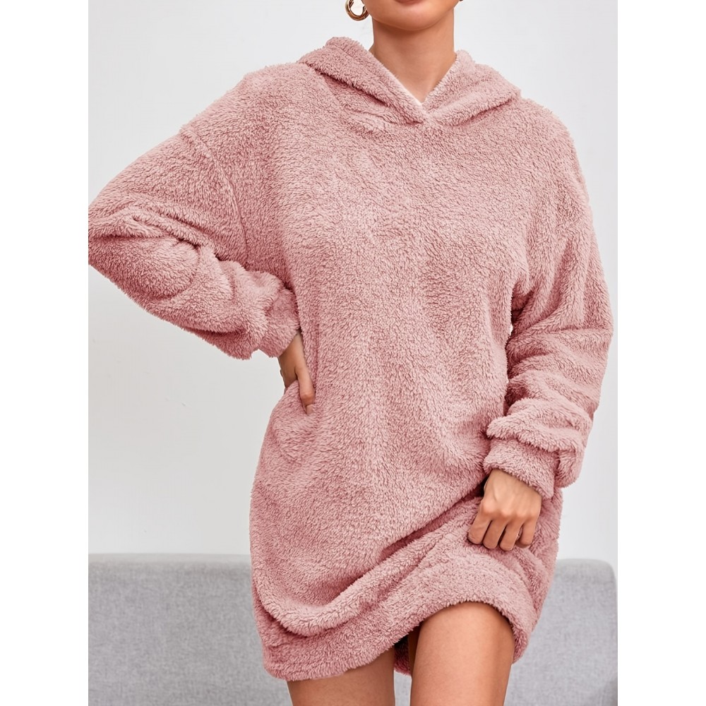 Solid Hooded Plush Dress, Casual Long Sleeve Warm Dress For Fall & Winter, Women's Clothing