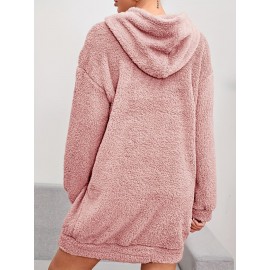 Solid Hooded Plush Dress, Casual Long Sleeve Warm Dress For Fall & Winter, Women's Clothing