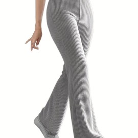 Solid Ribbed Knit Wide-Leg Pants, Causal High Waist Pants For Spring & Fall, Women's Clothing