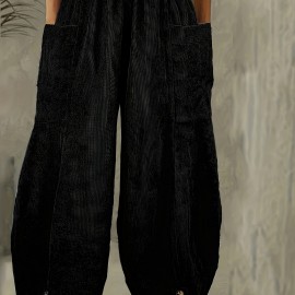 Solid Corduroy Patched Pockets Pants, Casual Loose Button Decor Pants For Spring & Fall, Women's Clothing