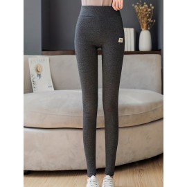 Solid Fleece High Waist Leggings, Casual Skinny Leggings For Fall & Winter, Women's Clothing